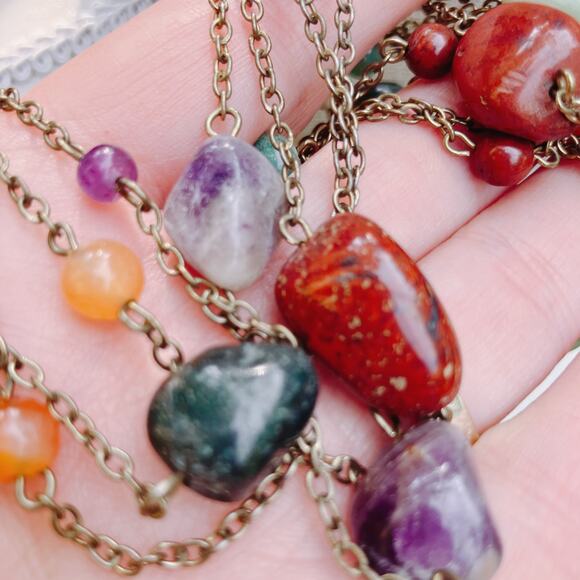 Vintage Y2K Boho Gemstone Necklace Long Tumbled Stone Beads Chain Layering - Picture 9 of 11